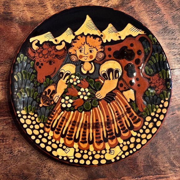 Hand-Painted Swiss Reber Pottery Wall Plate With Girl And Cow - Picture 1 of 6
